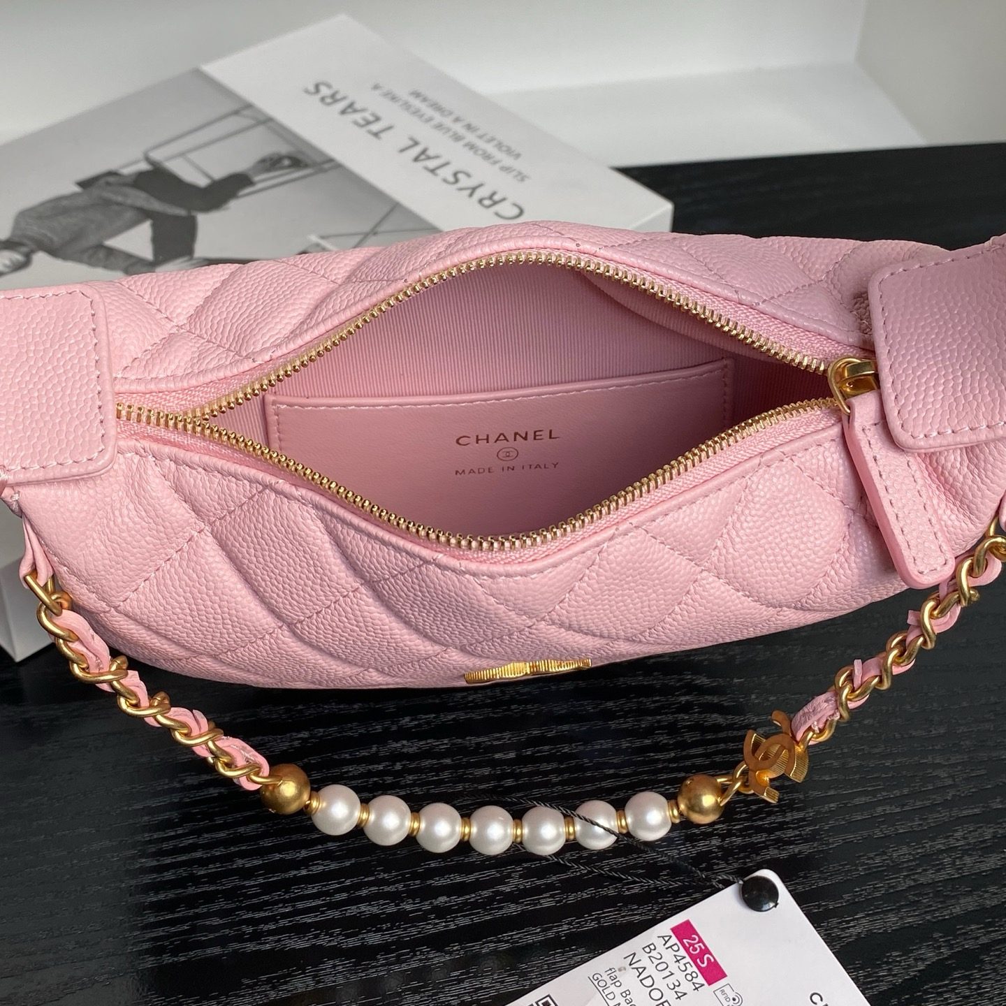 Chanel Moon Bag Mini in Caviar Leather with Zipper and Pearl Chain for Handheld Shoulder Carry