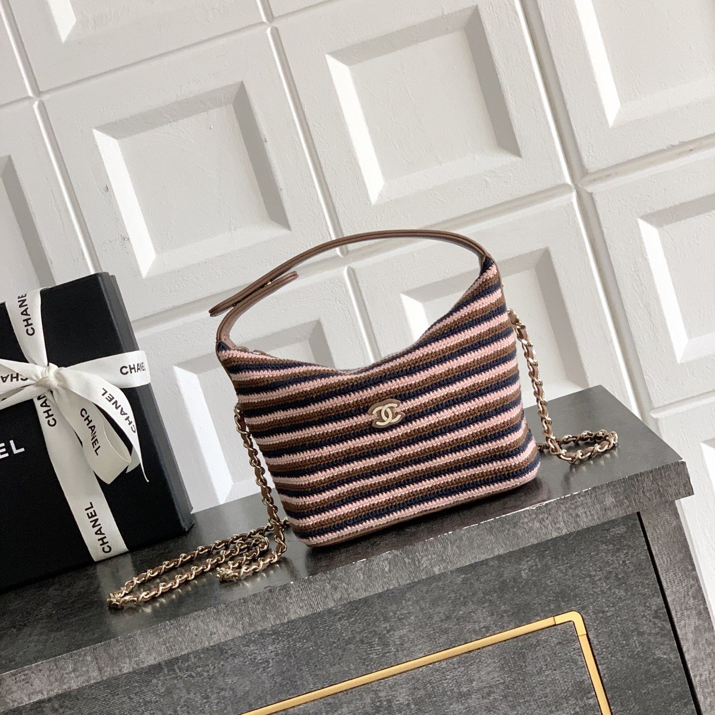 Chanel Bucket Bag Medium in Knitted Wool/Cotton Blend with Open Top Closure for Hand Shoulder Carry