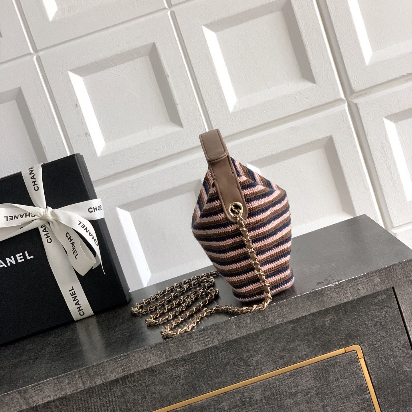 Chanel Bucket Bag Medium in Knitted Wool/Cotton Blend with Open Top Closure for Hand Shoulder Carry