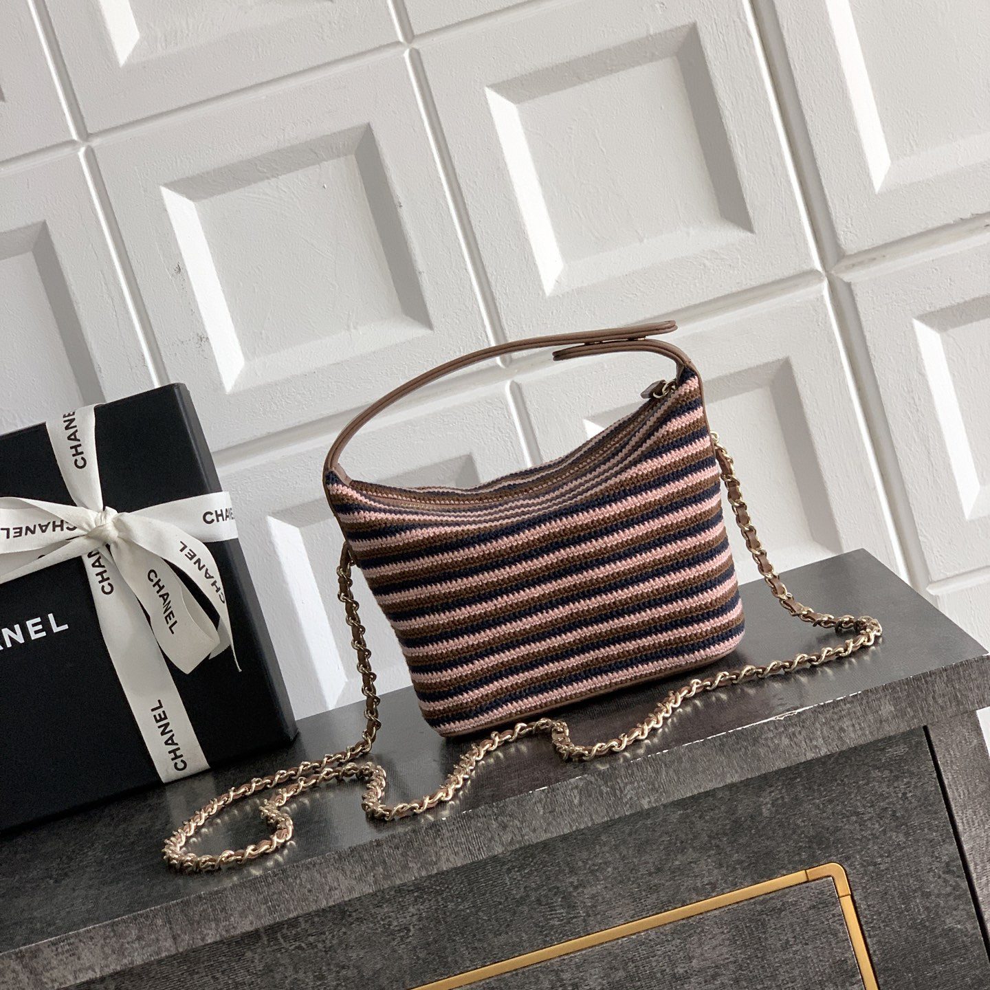 Chanel Bucket Bag Medium in Knitted Wool/Cotton Blend with Open Top Closure for Hand Shoulder Carry