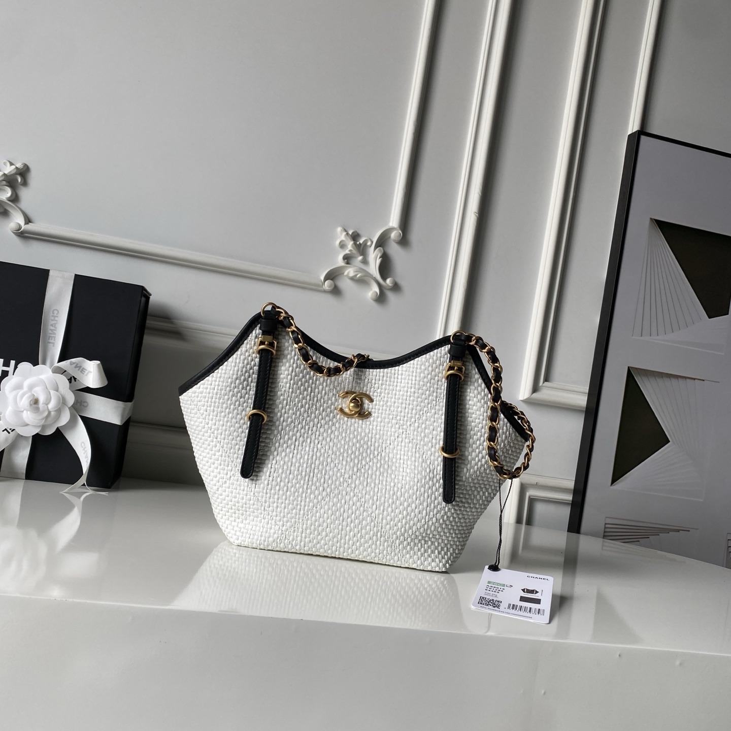 Chanel AS6015 in Raffia and Calfskin with Open Top for Handheld Shoulder Carry Designer Bag