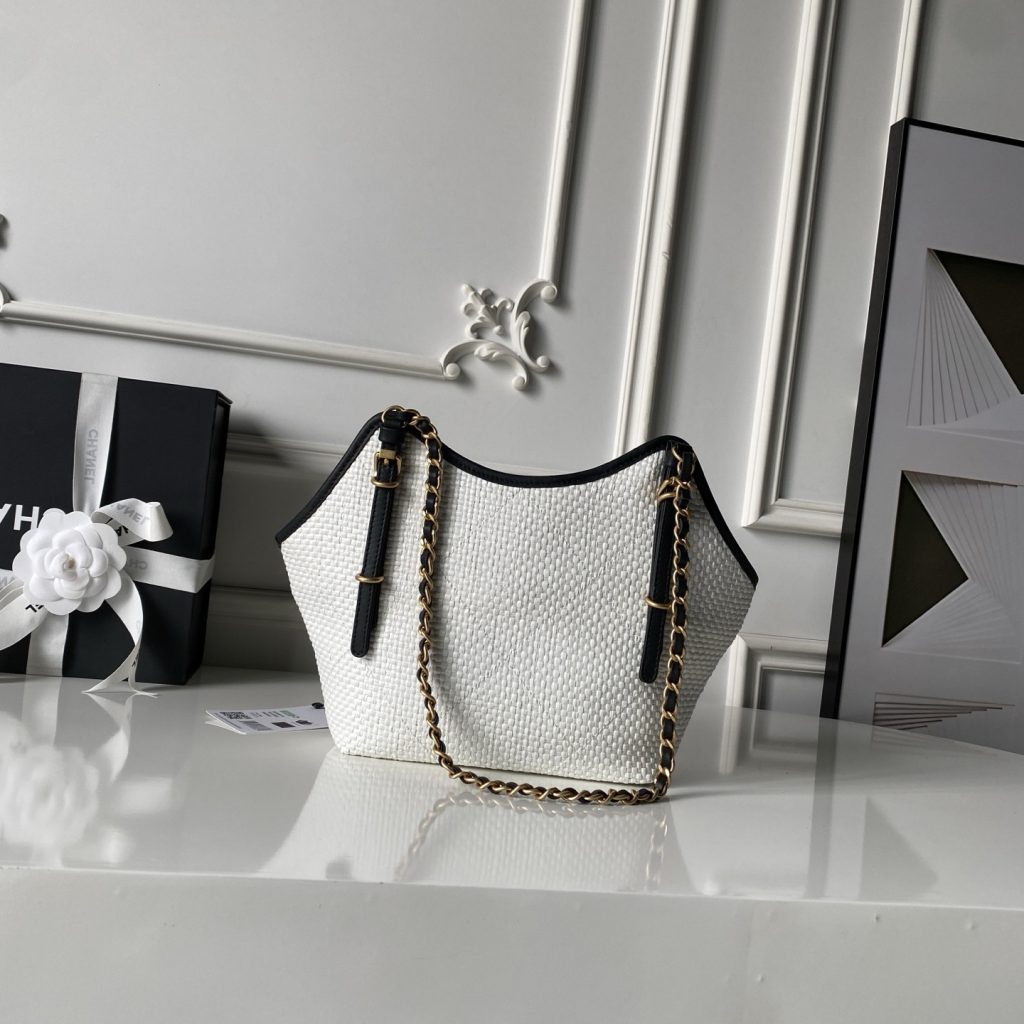 Chanel AS6015 in Raffia and Calfskin with Open Top for Handheld Shoulder Carry Designer Bag