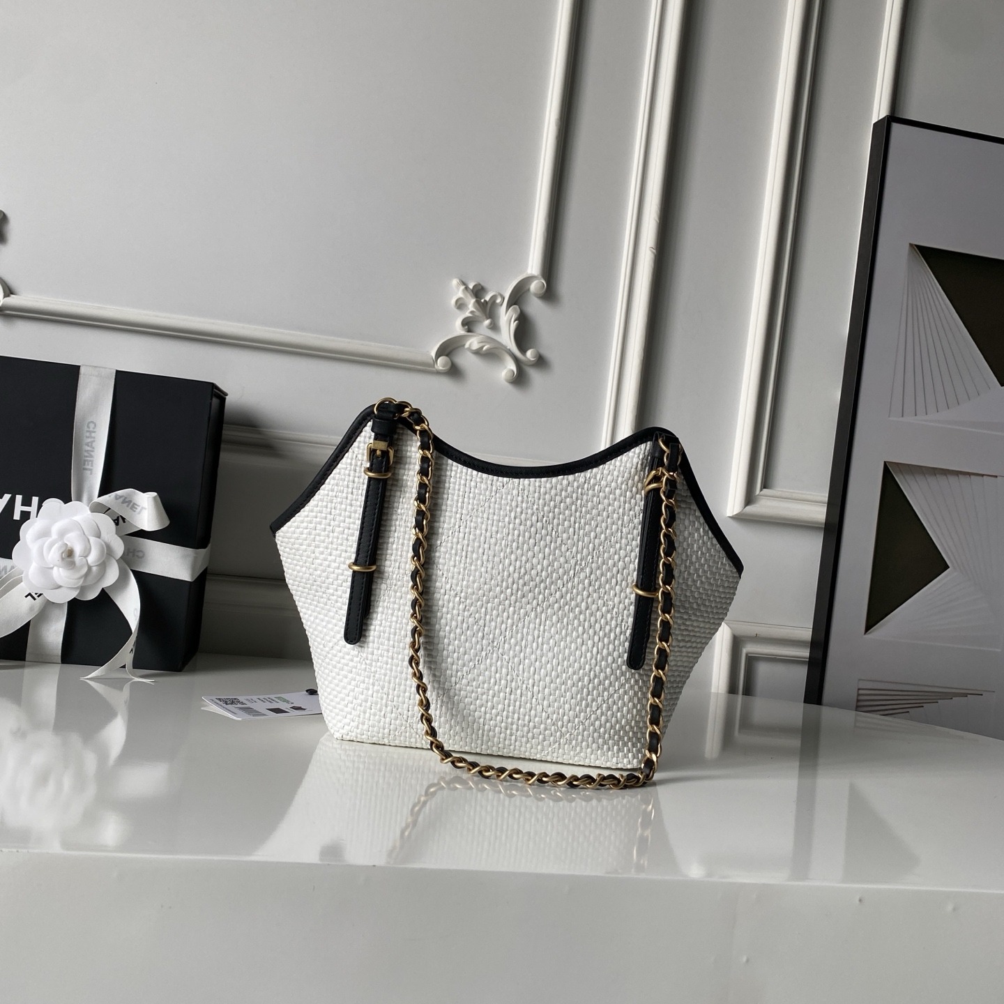 Chanel AS6015 in Raffia and Calfskin with Open Top for Handheld Shoulder Carry Designer Bag