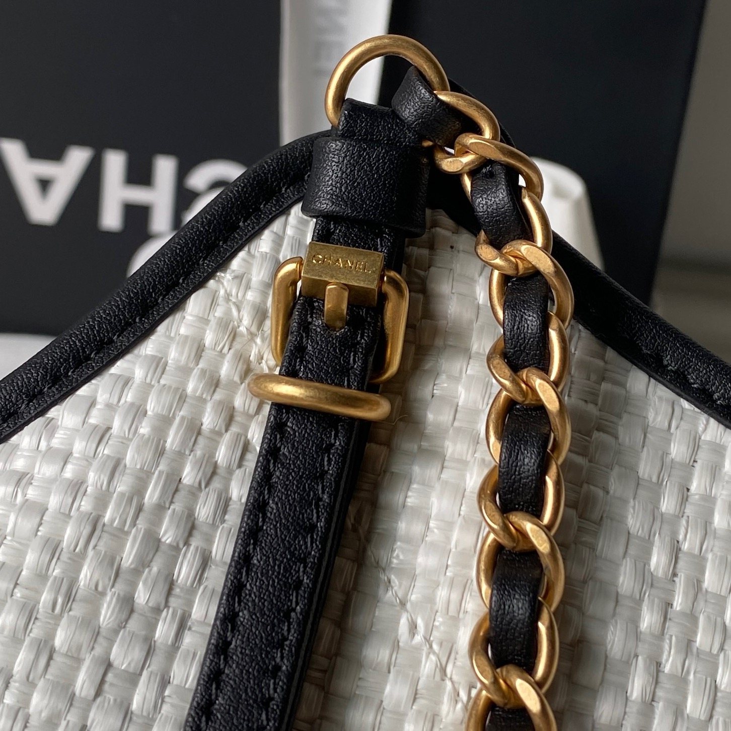 Chanel AS6015 in Raffia and Calfskin with Open Top for Handheld Shoulder Carry Designer Bag