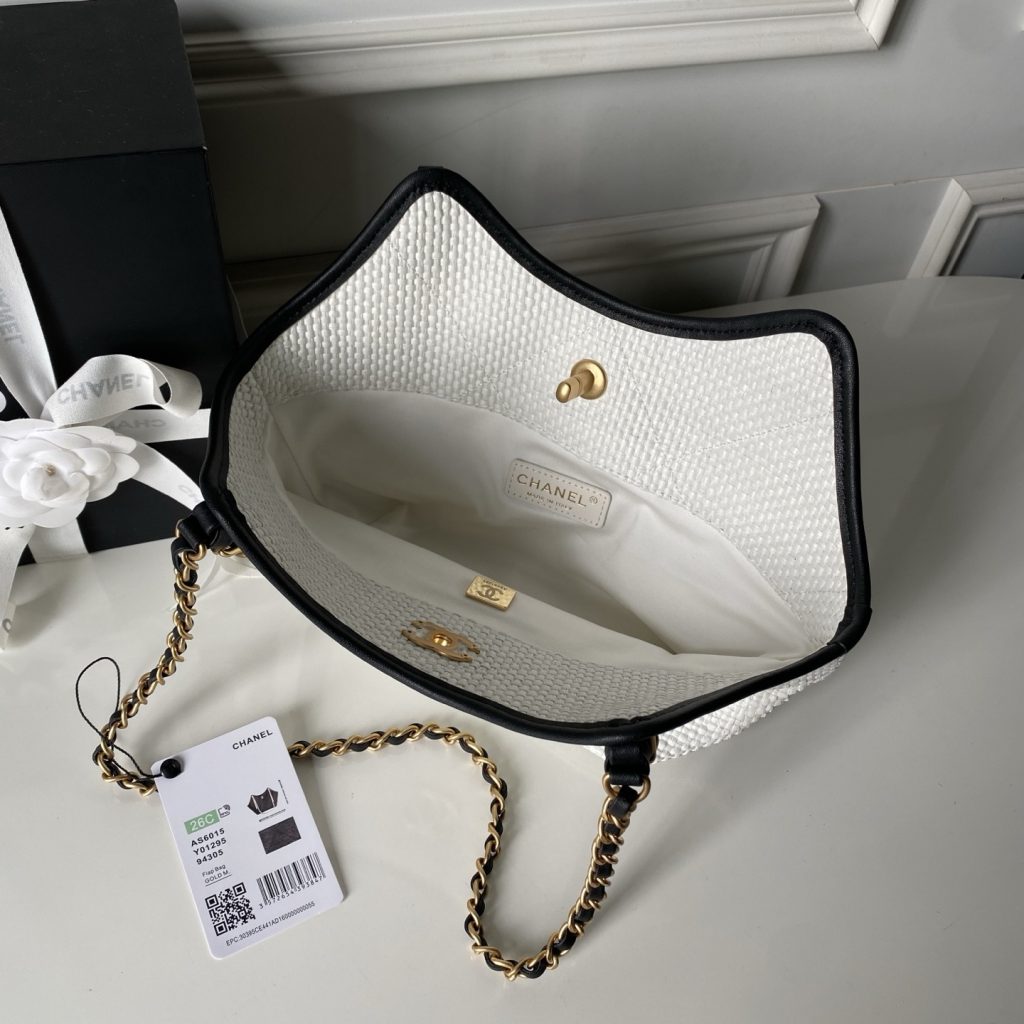 Chanel AS6015 in Raffia and Calfskin with Open Top for Handheld Shoulder Carry Designer Bag