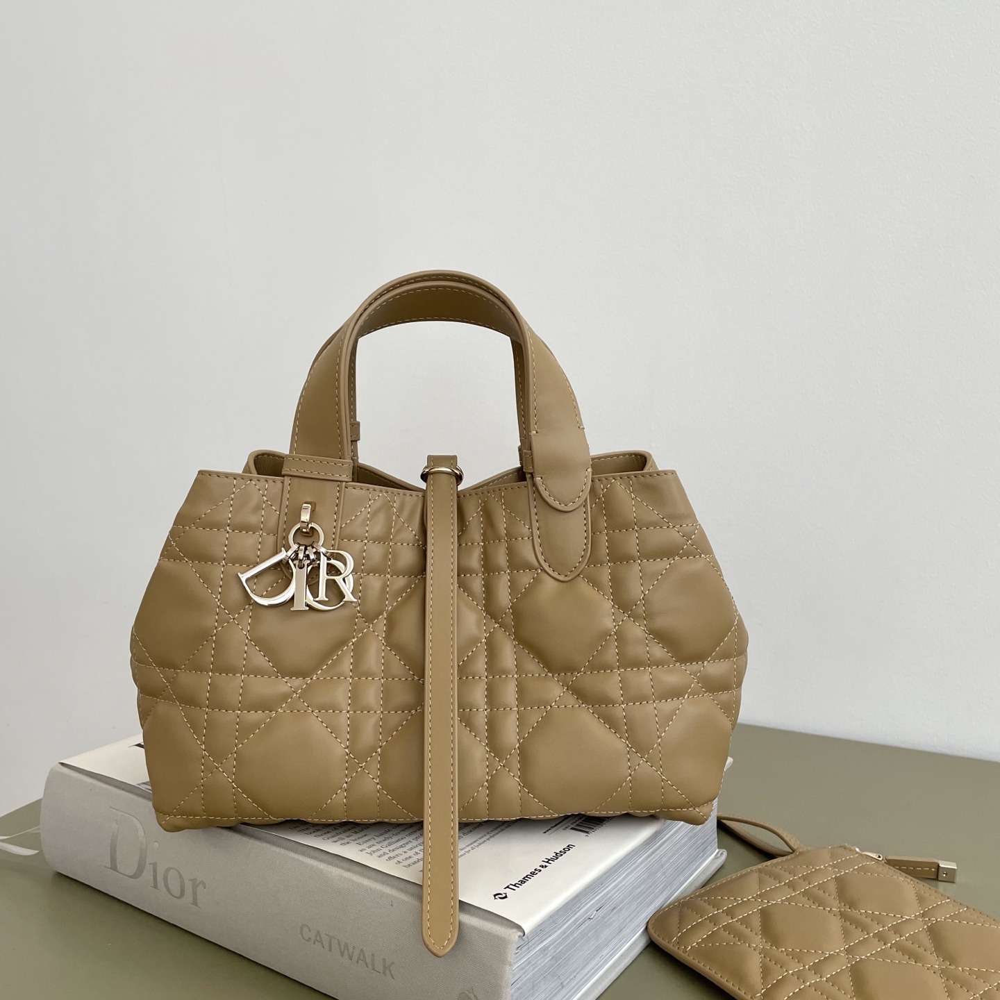 Dior Book Tote in Cannage Calfskin with Open Top for Handheld Carry 25cm in Beige Color