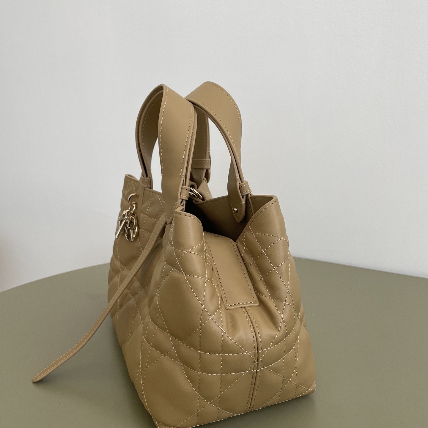 Dior Book Tote in Cannage Calfskin with Open Top for Handheld Carry 25cm in Beige Color