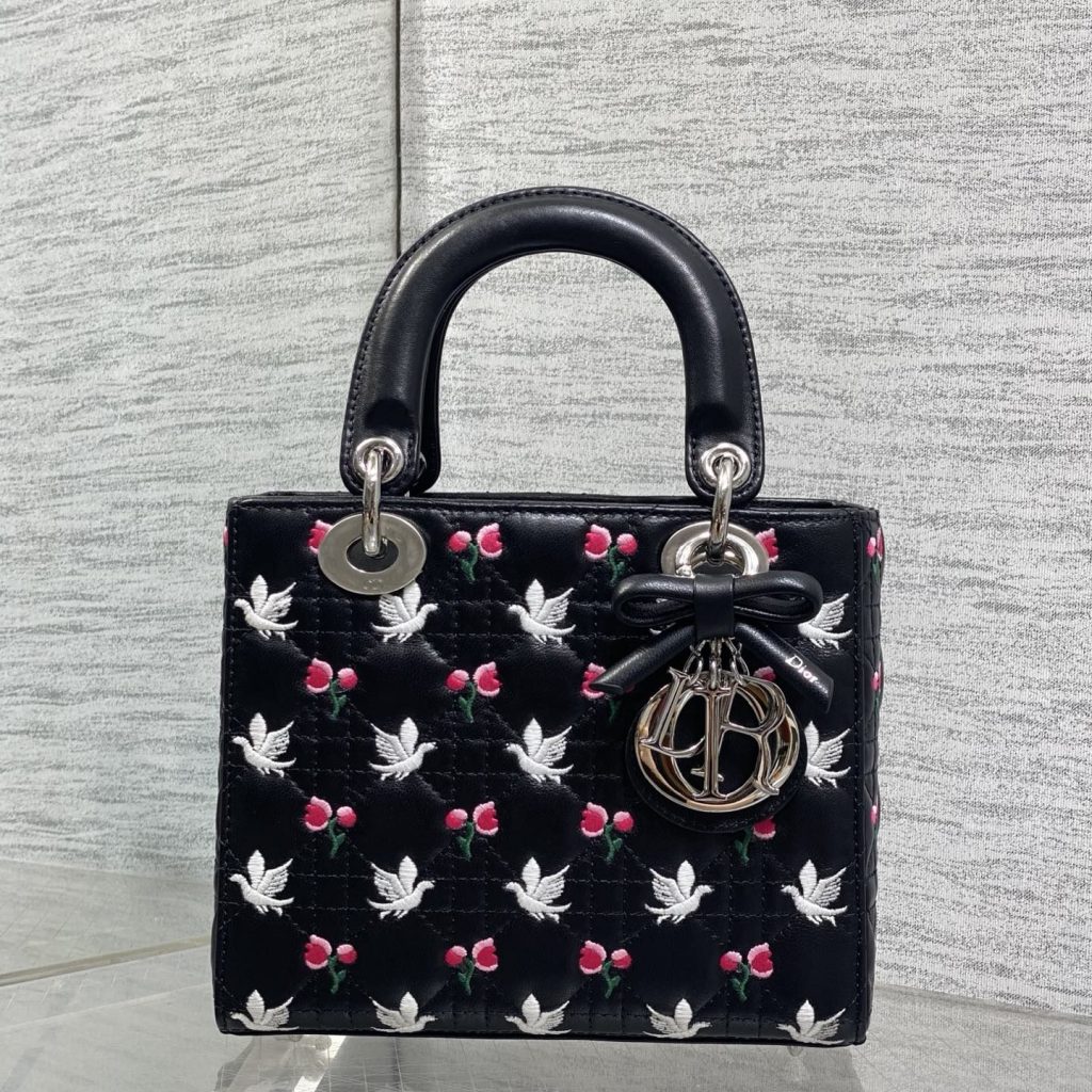 Dior Lady in Black Cannage Lambskin with White Birds Pink Flowers Embroidery and Magnetic