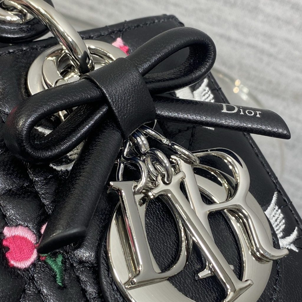 Dior Lady in Black Cannage Lambskin with White Birds Pink Flowers Embroidery and Magnetic