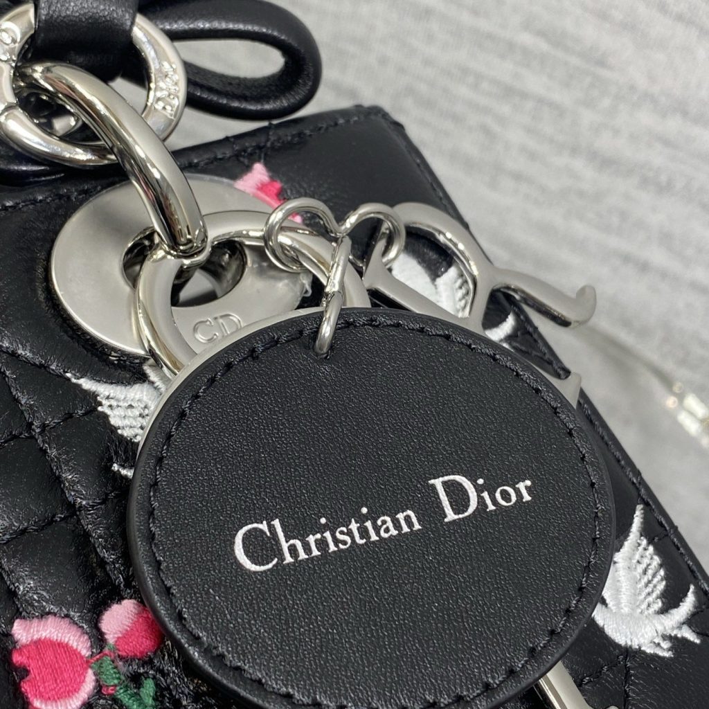 Dior Lady in Black Cannage Lambskin with White Birds Pink Flowers Embroidery and Magnetic
