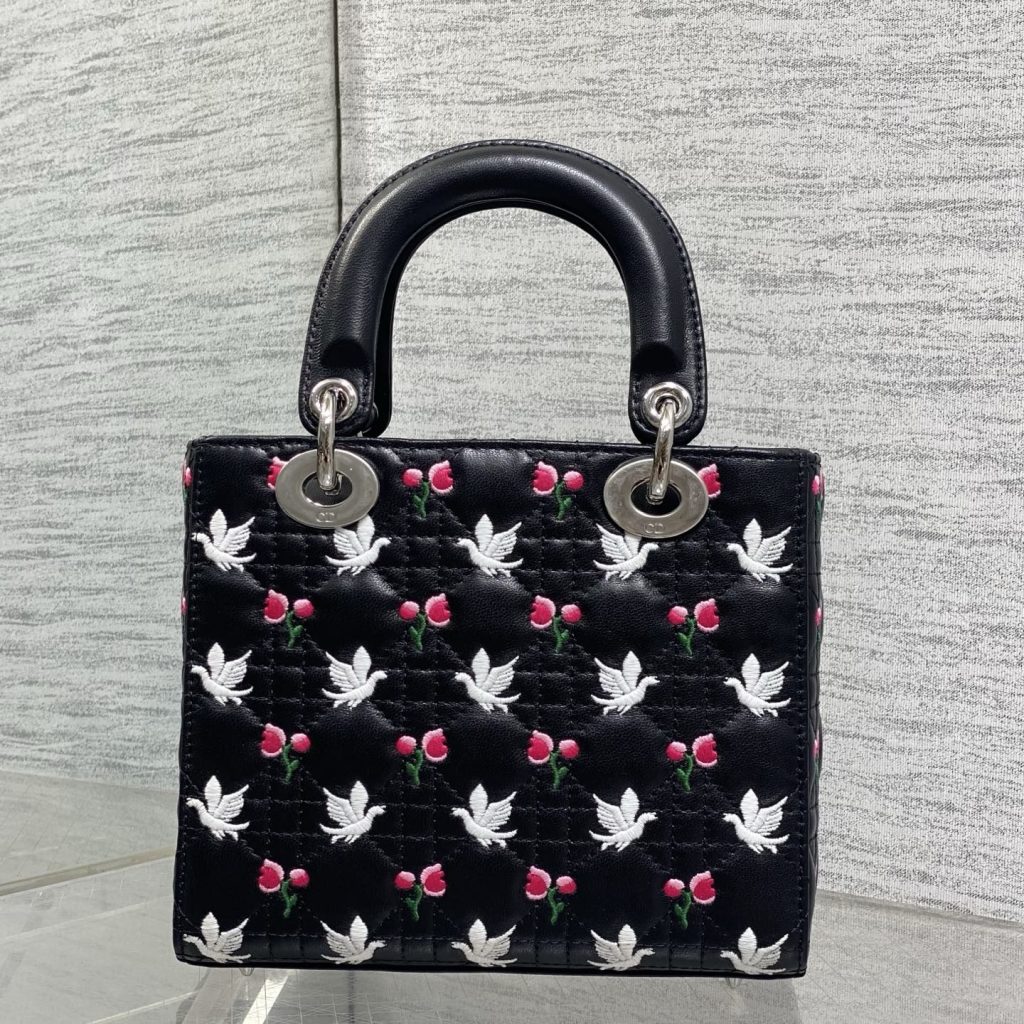 Dior Lady in Black Cannage Lambskin with White Birds Pink Flowers Embroidery and Magnetic