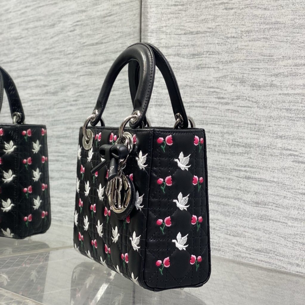Dior Lady in Black Cannage Lambskin with White Birds Pink Flowers Embroidery and Magnetic