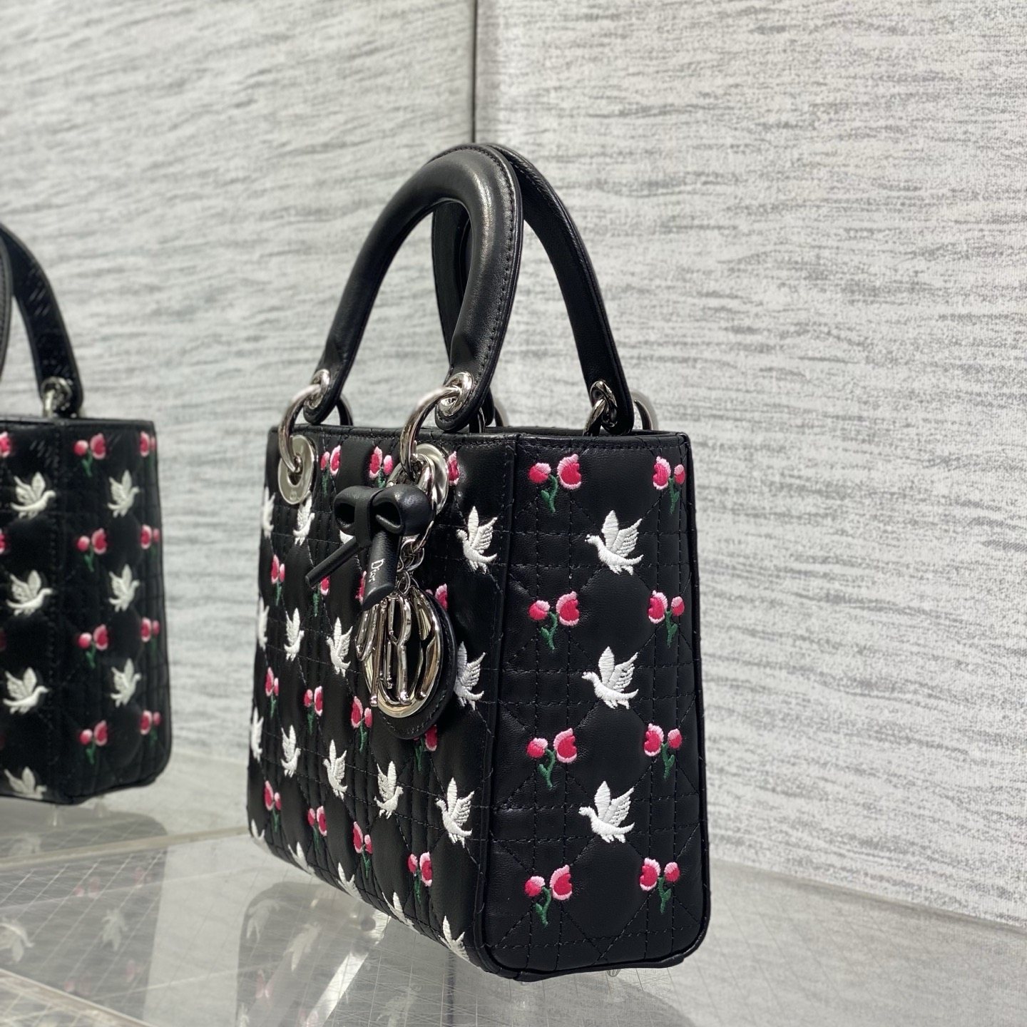 Dior Lady in Black Cannage Lambskin with White Birds Pink Flowers Embroidery and Magnetic