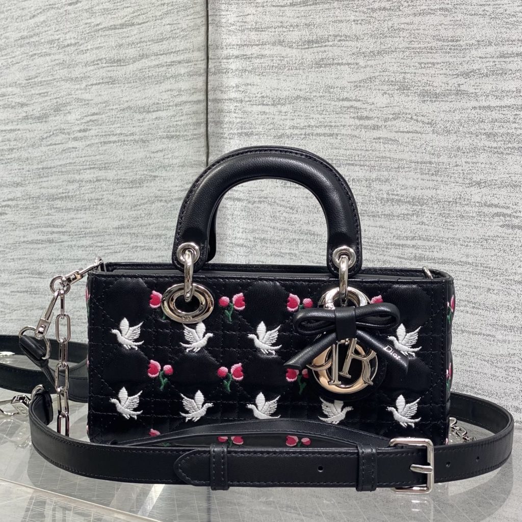 Dior Lady in Black Cannage Embroidered Leather with Magnetic Snap for Handheld Carry