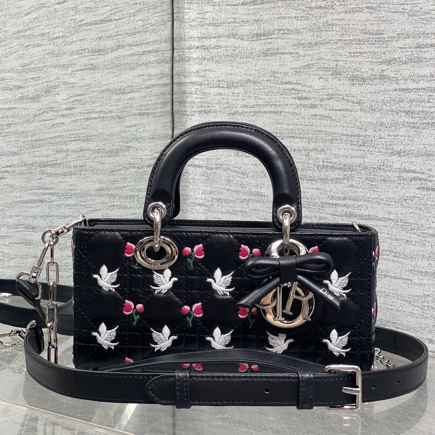 Dior Lady in Black Cannage Embroidered Leather with Magnetic Snap for Handheld Carry