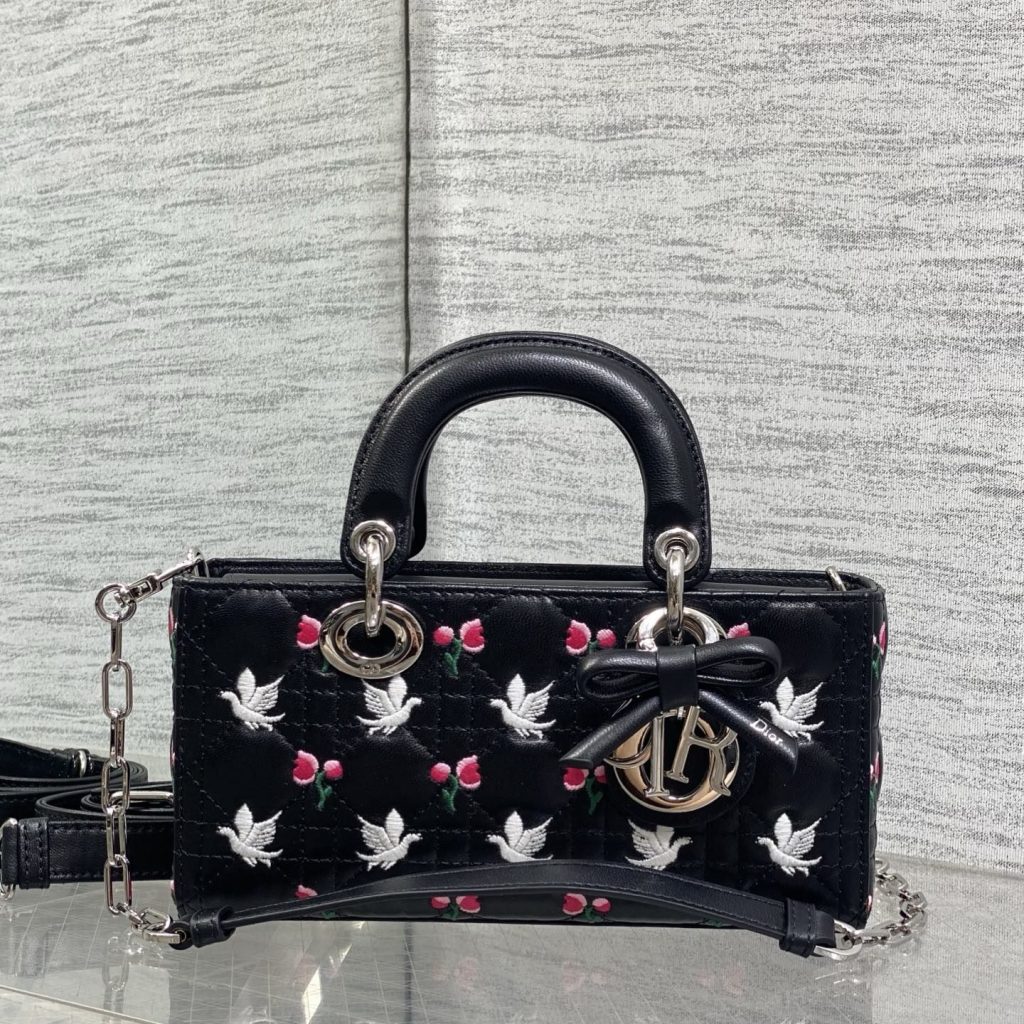 Dior Lady in Black Cannage Embroidered Leather with Magnetic Snap for Handheld Carry