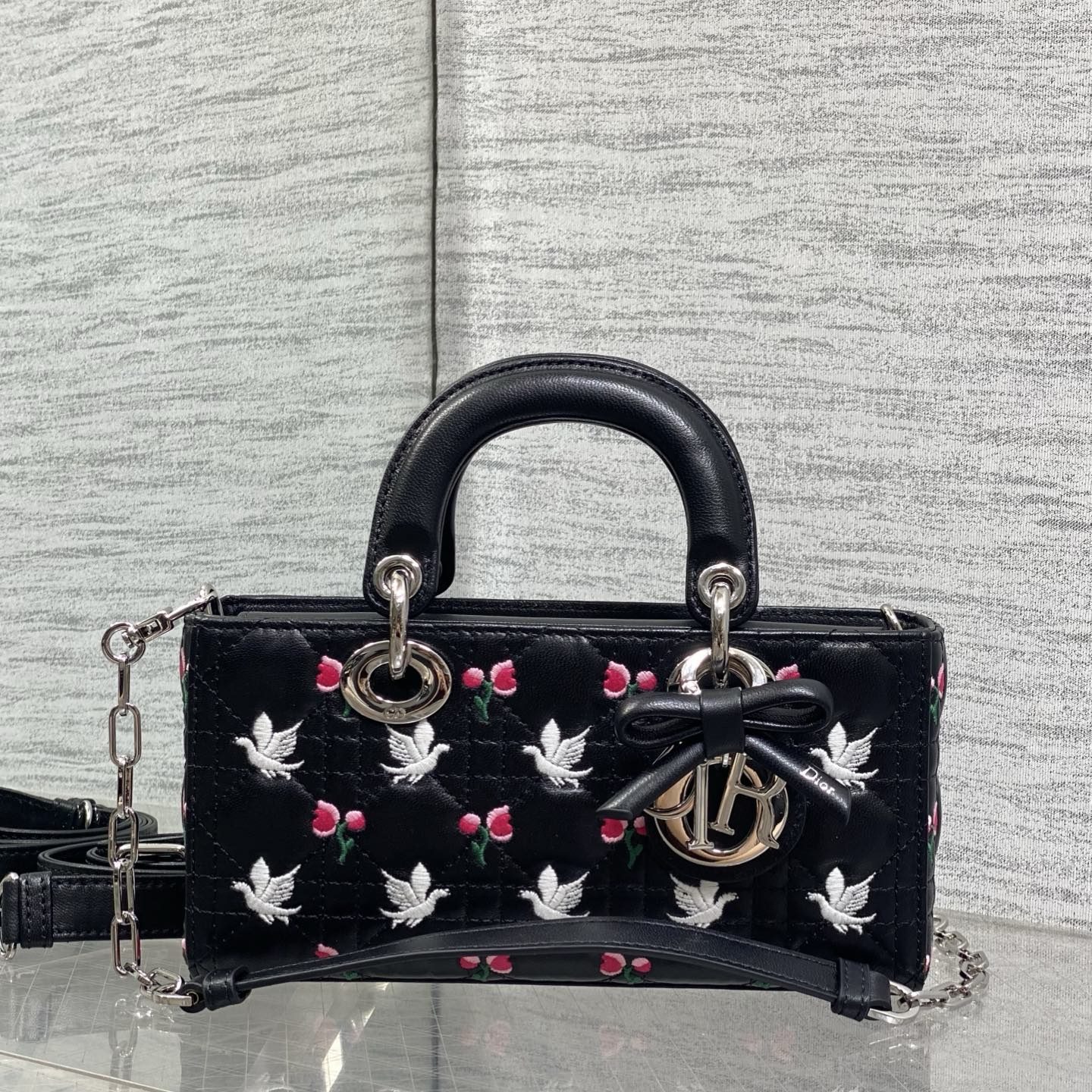 Dior Lady in Black Cannage Embroidered Leather with Magnetic Snap for Handheld Carry