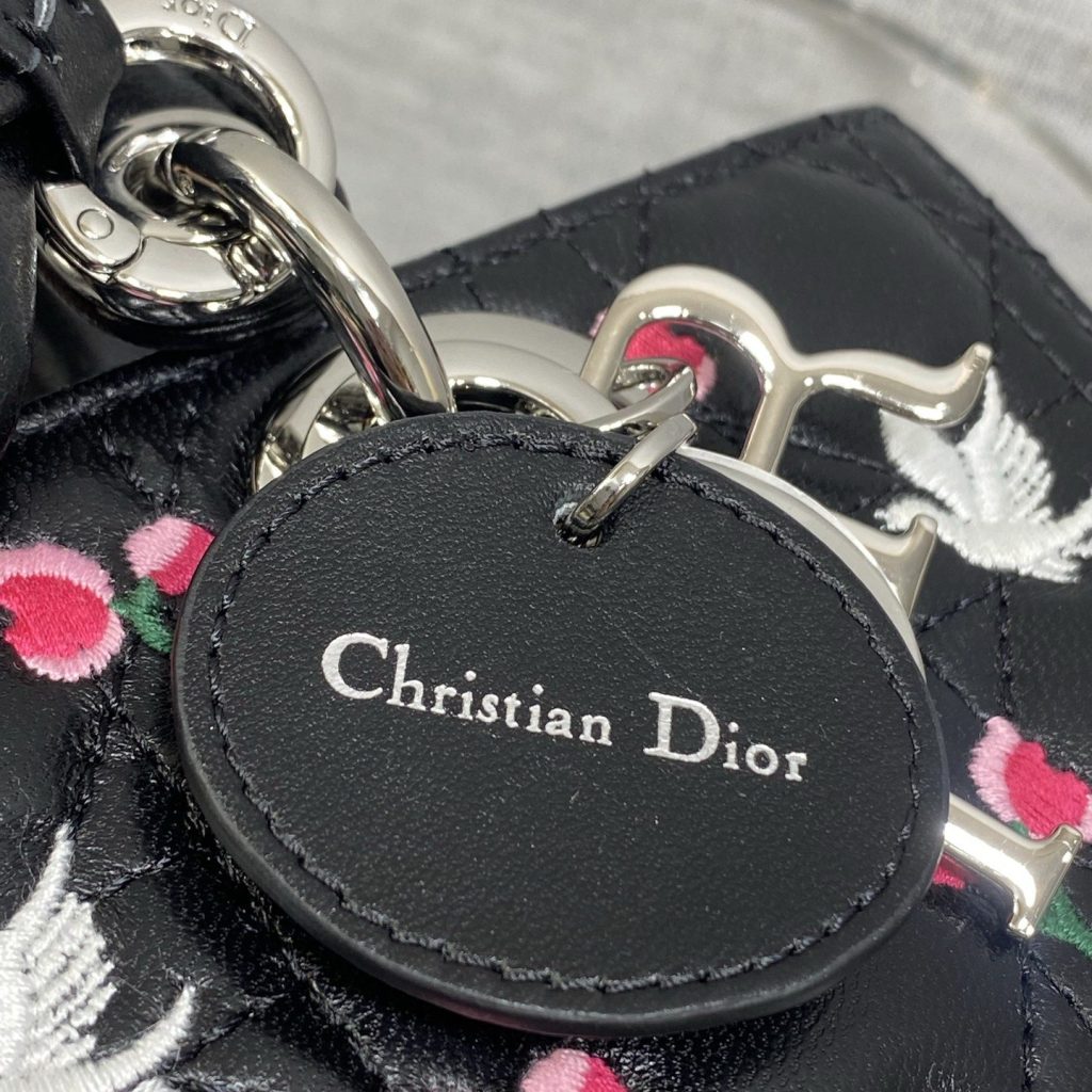 Dior Lady in Black Cannage Embroidered Leather with Magnetic Snap for Handheld Carry