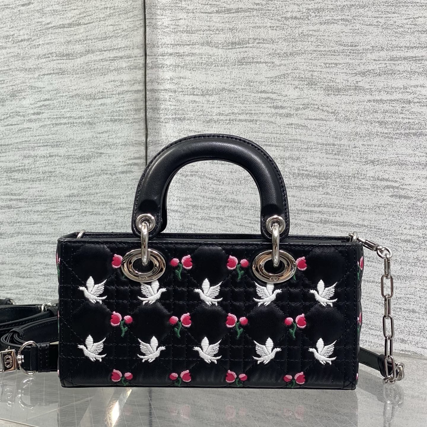 Dior Lady in Black Cannage Embroidered Leather with Magnetic Snap for Handheld Carry