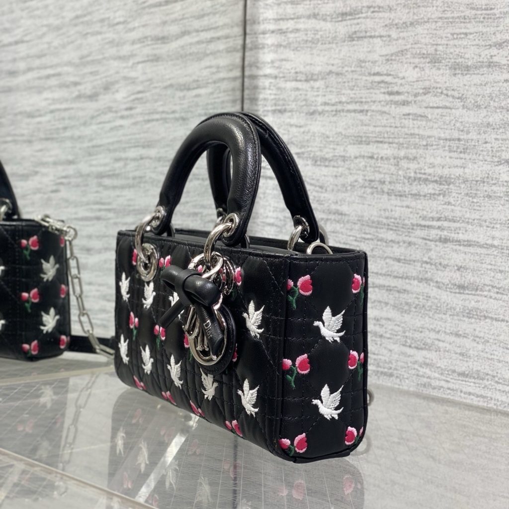 Dior Lady in Black Cannage Embroidered Leather with Magnetic Snap for Handheld Carry