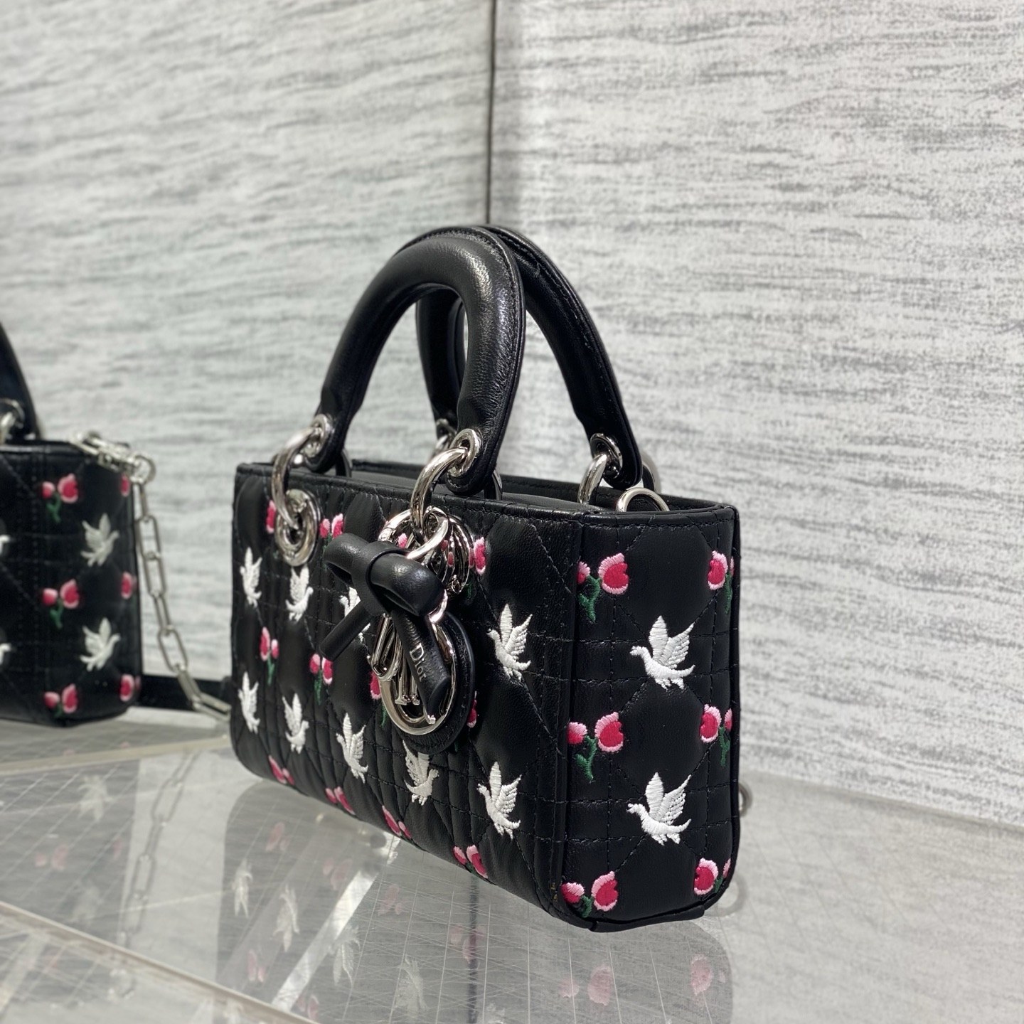 Dior Lady in Black Cannage Embroidered Leather with Magnetic Snap for Handheld Carry