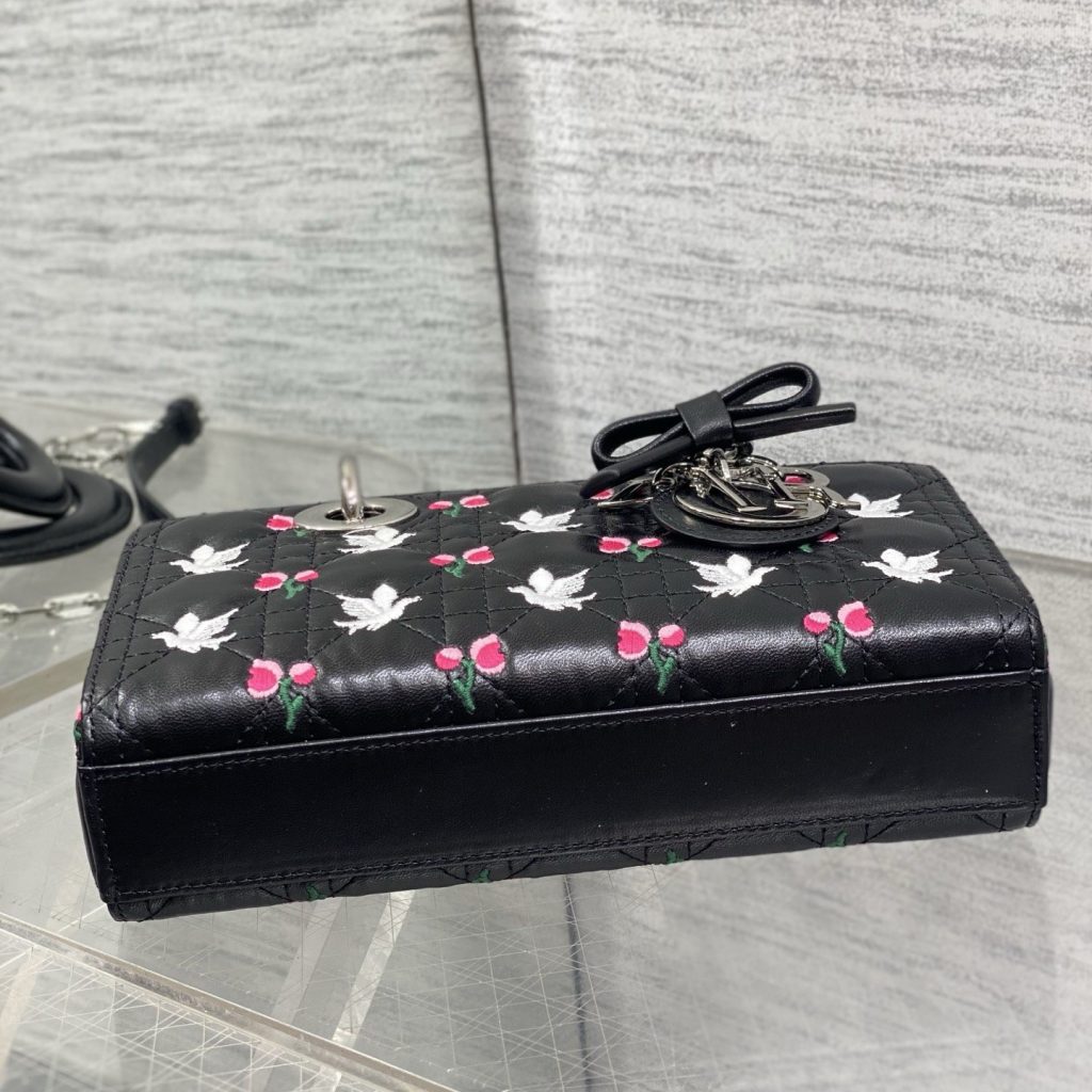 Dior Lady in Black Cannage Embroidered Leather with Magnetic Snap for Handheld Carry
