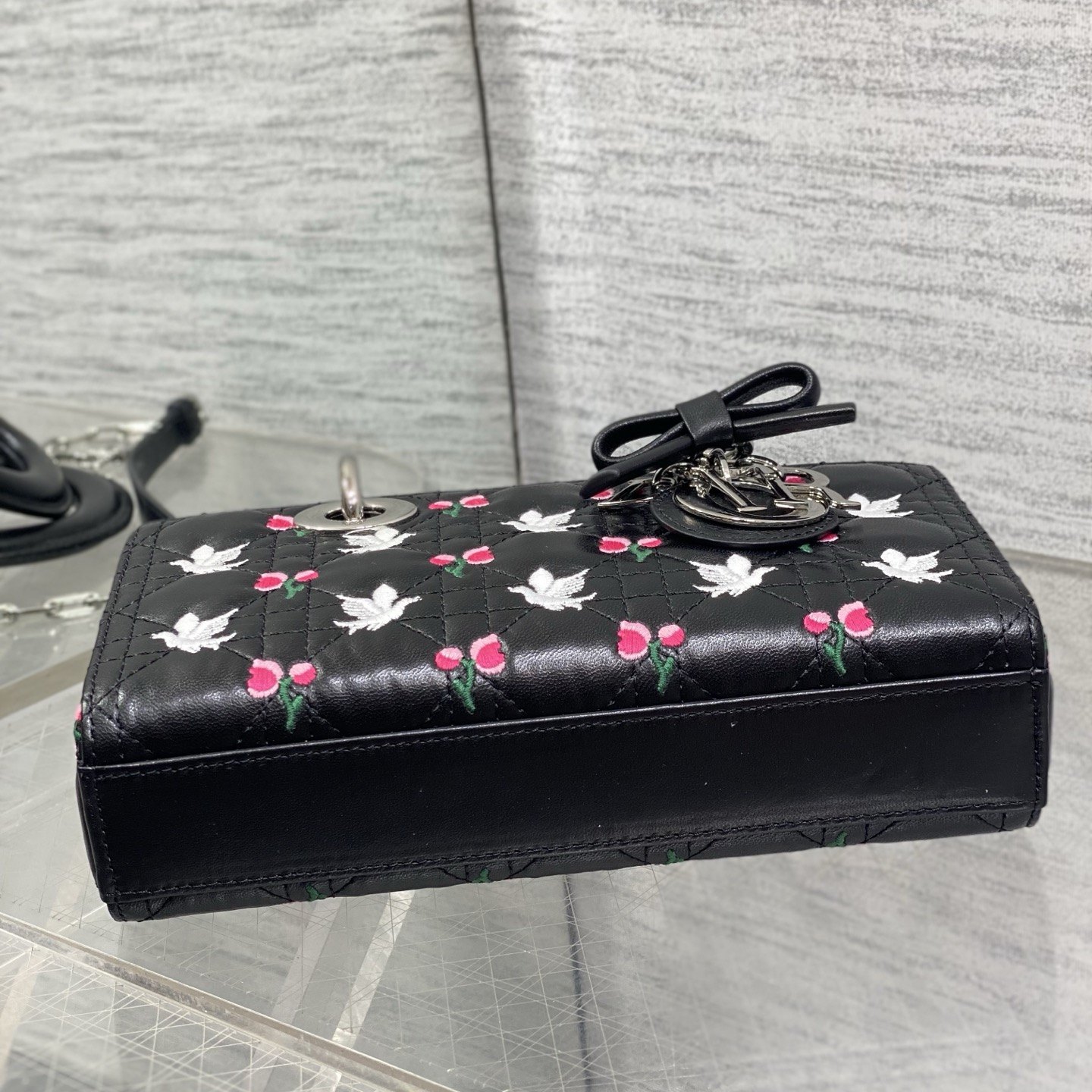 Dior Lady in Black Cannage Embroidered Leather with Magnetic Snap for Handheld Carry