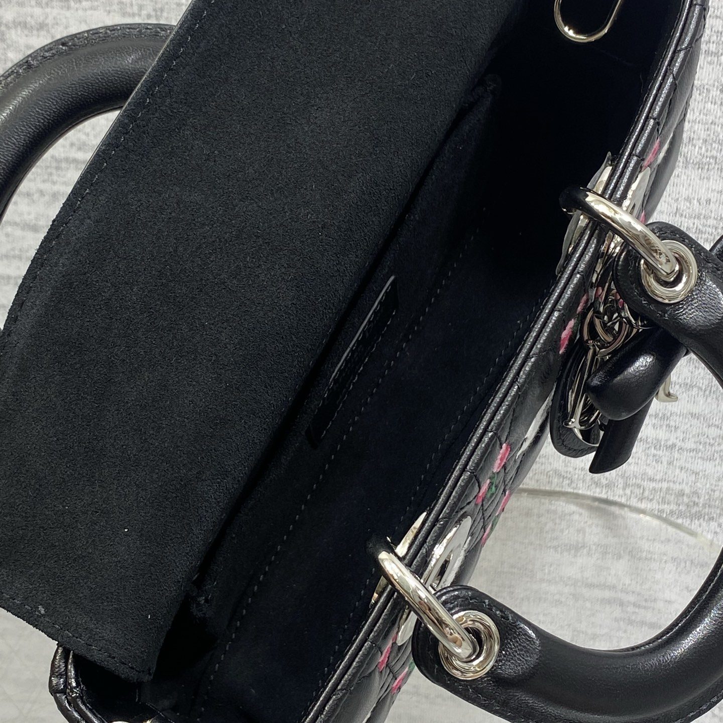 Dior Lady in Black Cannage Embroidered Leather with Magnetic Snap for Handheld Carry