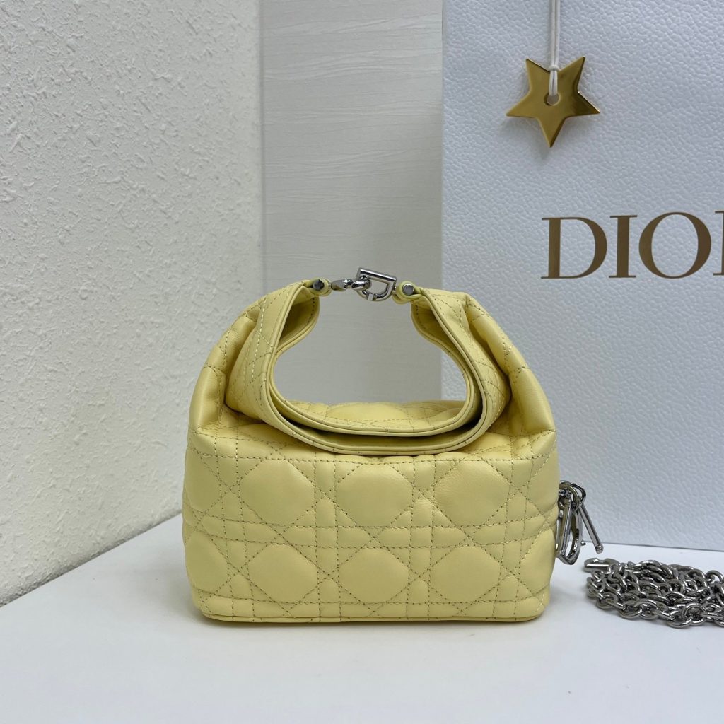 Dior Lady in Cannage Lamé Leather with Top Handle and Magnetic Snap for Handheld Shoulder Carry