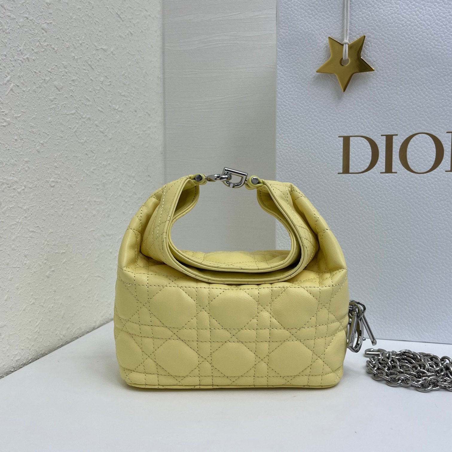 Dior Lady in Cannage Lamé Leather with Top Handle and Magnetic Snap for Handheld Shoulder Carry