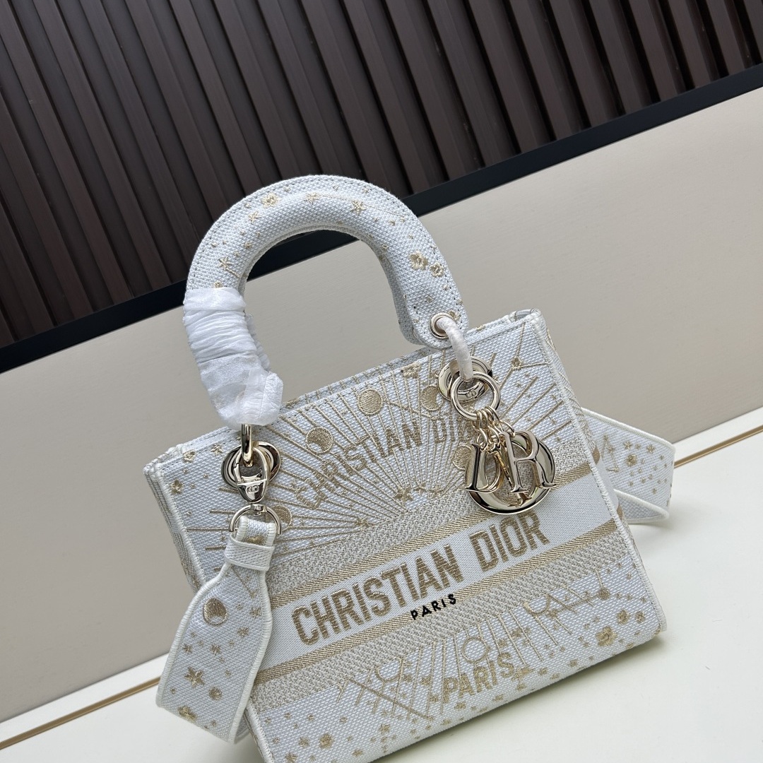 Dior Lady in Cannage Oblique Canvas with Gold Embroidery and Magnetic Snap for Handheld Carry