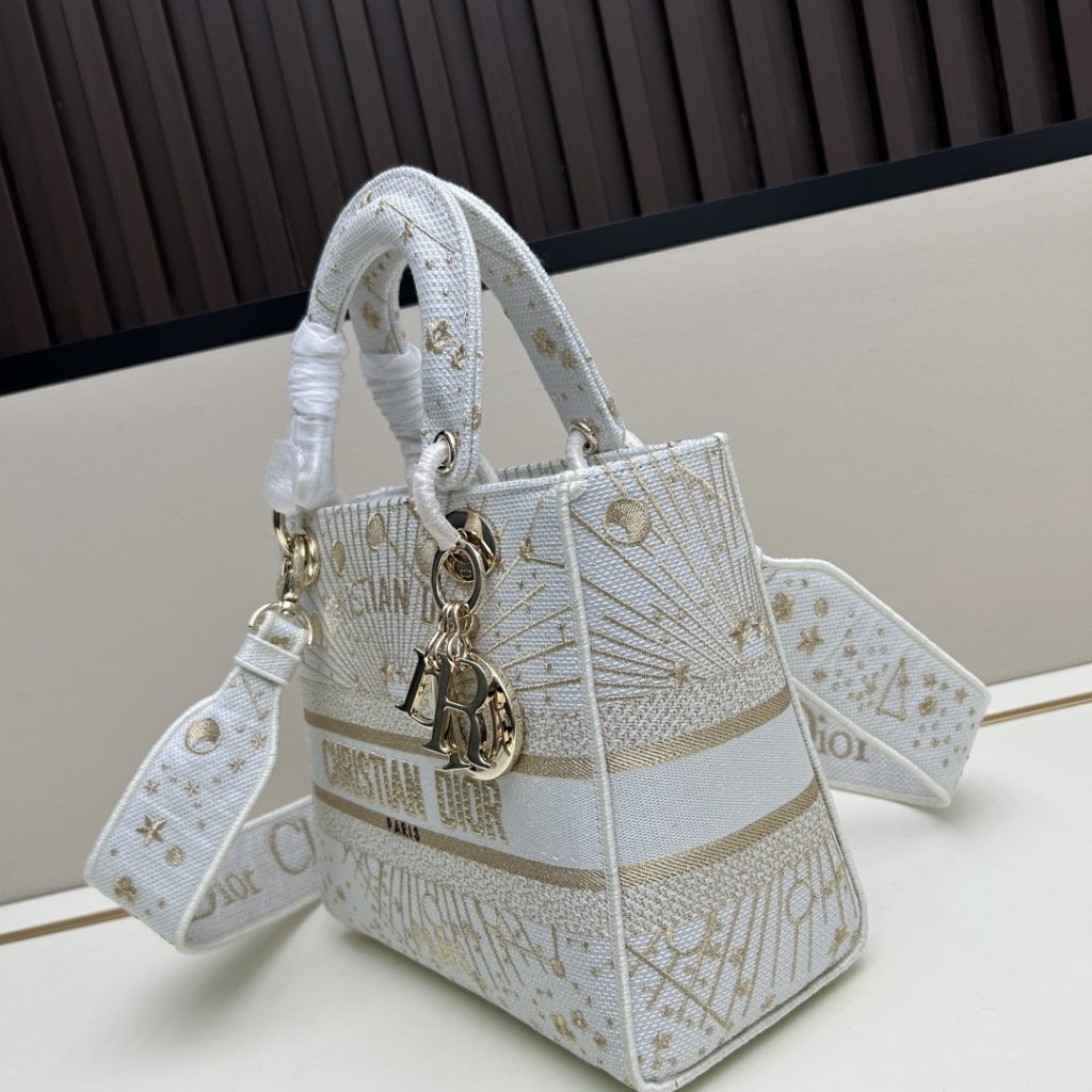 Dior Lady in Cannage Oblique Canvas with Gold Embroidery and Magnetic Snap for Handheld Carry