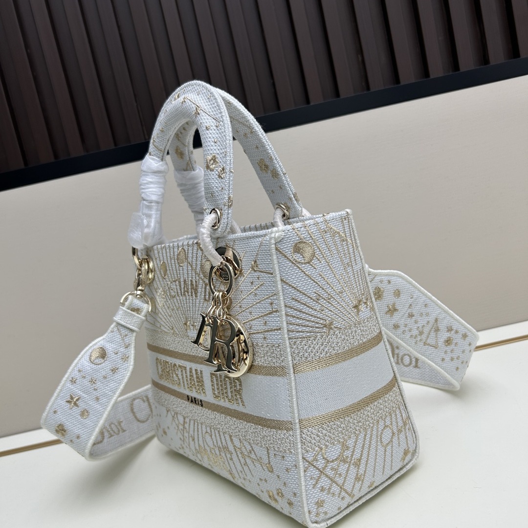 Dior Lady in Cannage Oblique Canvas with Gold Embroidery and Magnetic Snap for Handheld Carry