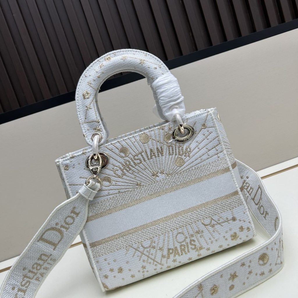Dior Lady in Cannage Oblique Canvas with Gold Embroidery and Magnetic Snap for Handheld Carry