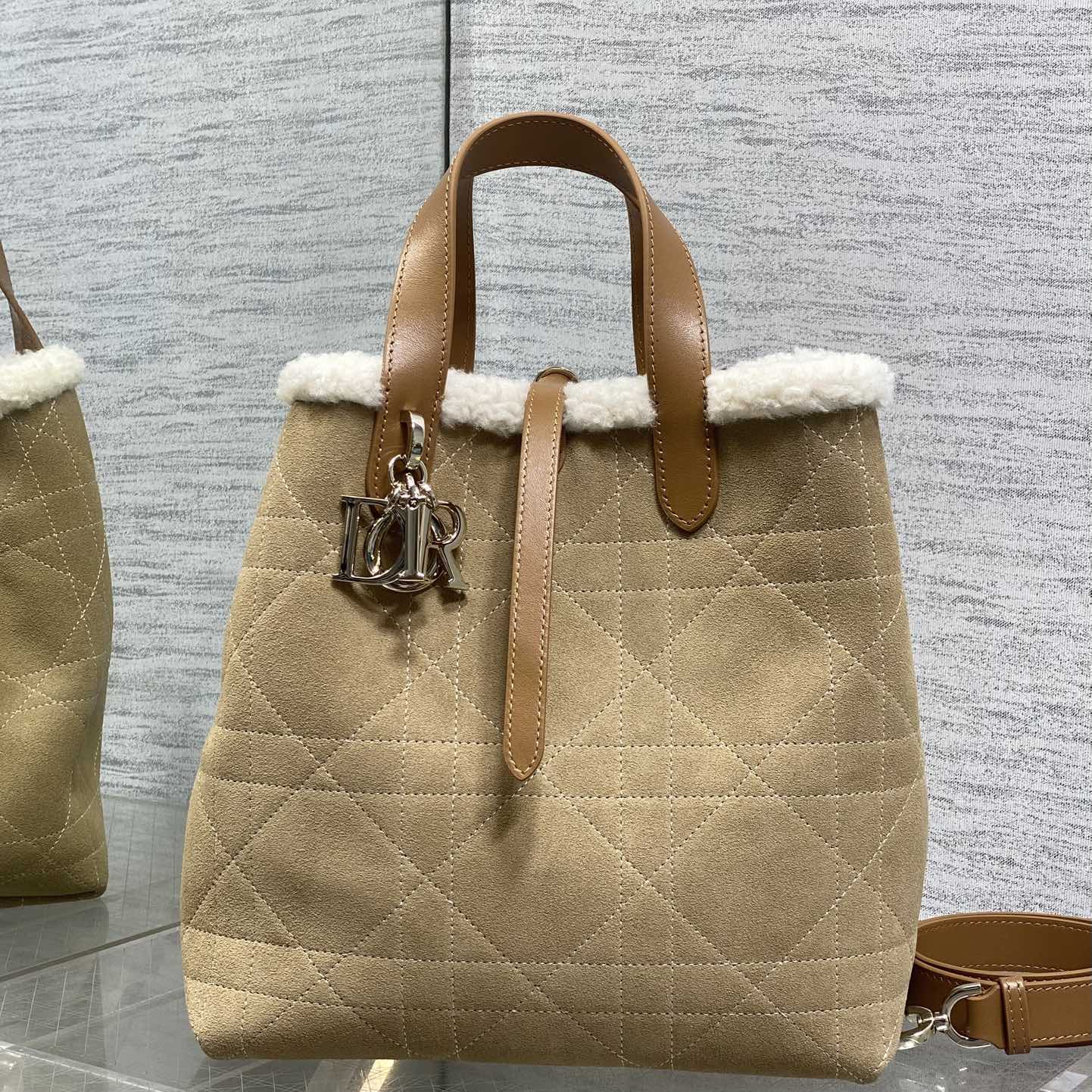 Dior Book Tote in Suede with Open Top for Handheld Shoulder Carry 25cm in Beige Color