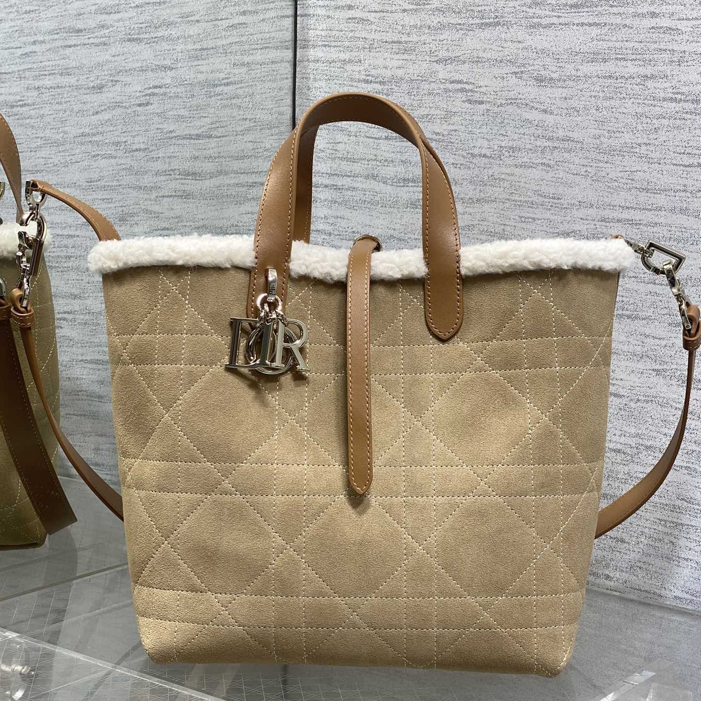 Dior Book Tote in Suede with Open Top for Handheld Shoulder Carry 25cm in Beige Color