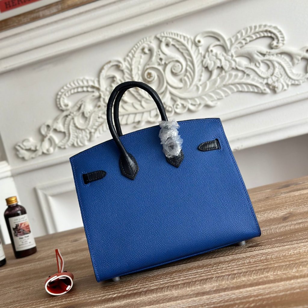 Hermes Birkin 30 in Blue Epsom Leather with Poros Crocodile Trim and Turn-lock for Hand Carry Bag