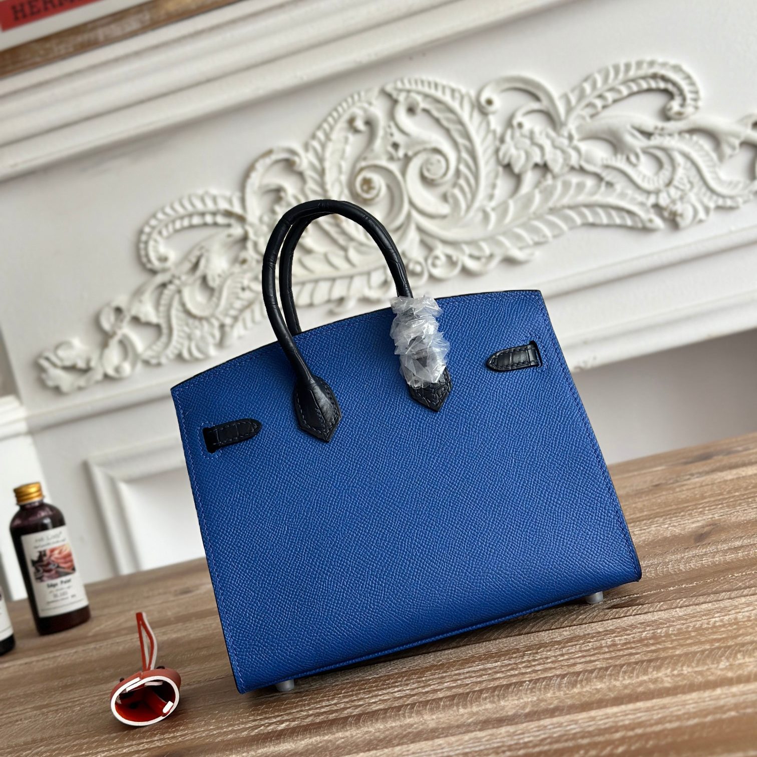 Hermes Birkin 30 in Blue Epsom Leather with Poros Crocodile Trim and Turn-lock for Hand Carry Bag