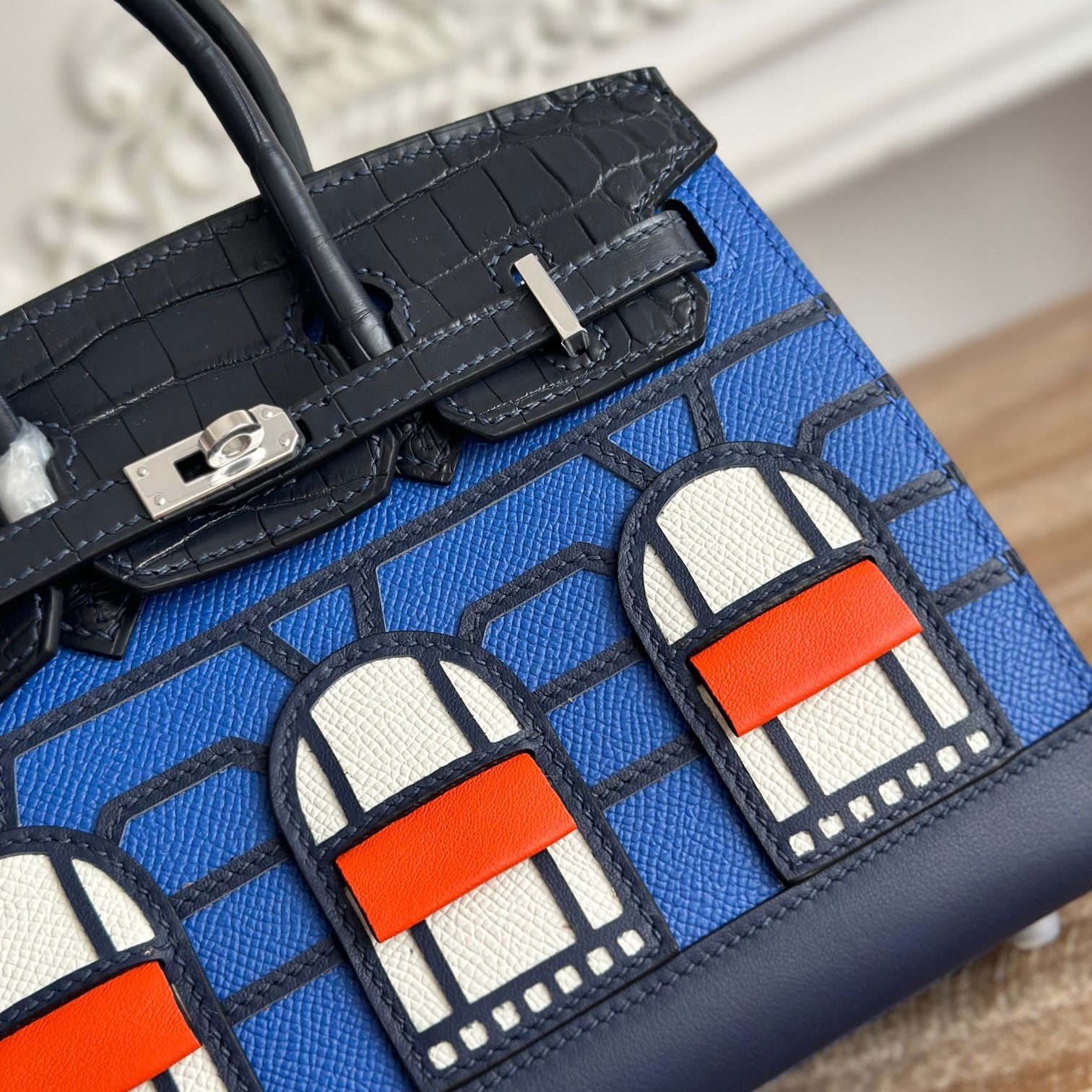 Hermes Birkin 30 in Blue Epsom Leather with Poros Crocodile Trim and Turn-lock for Hand Carry Bag