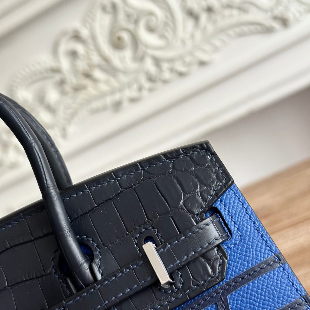 Hermes Birkin 30 in Blue Epsom Leather with Poros Crocodile Trim and Turn-lock for Hand Carry Bag