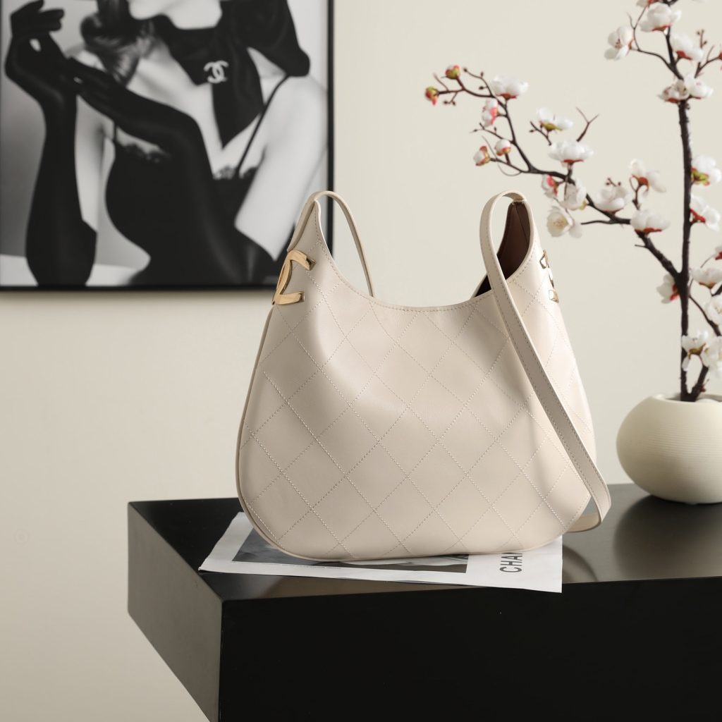 Chanel Hobo Bag in Quilted Calfskin Leather with Open Top Closure for Handheld and Shoulder Carry