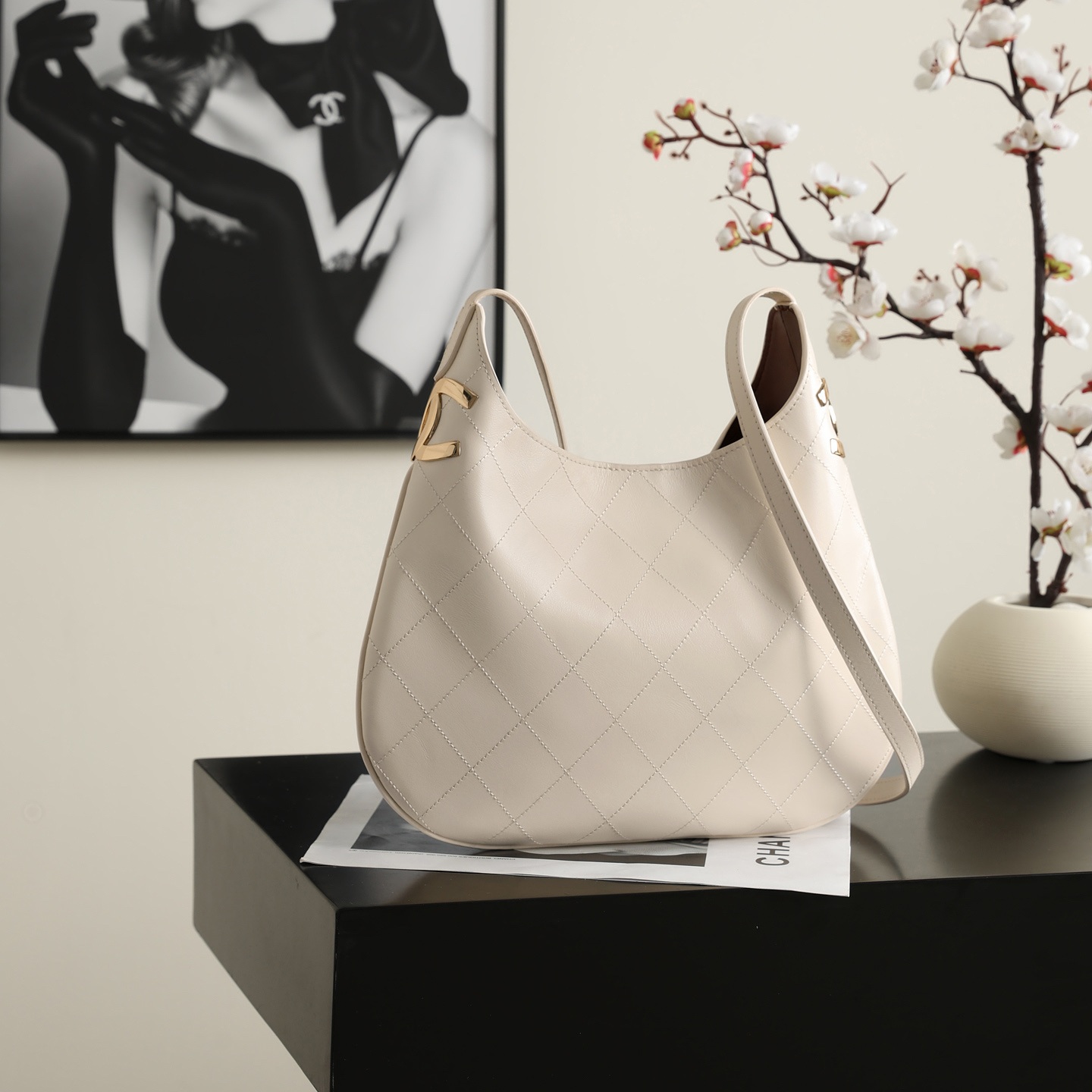 Chanel Hobo Bag in Quilted Calfskin Leather with Open Top Closure for Handheld and Shoulder Carry