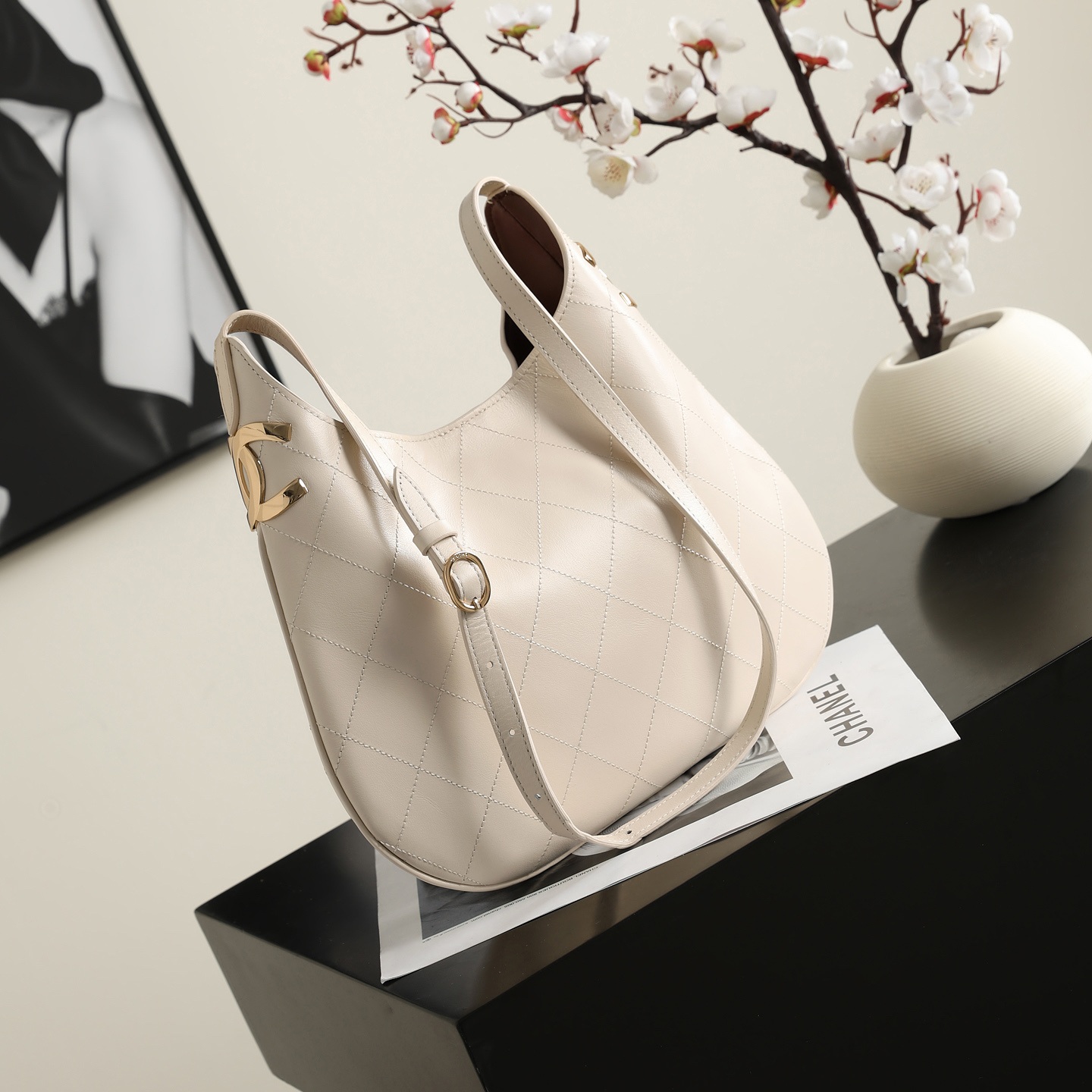 Chanel Hobo Bag in Quilted Calfskin Leather with Open Top Closure for Handheld and Shoulder Carry