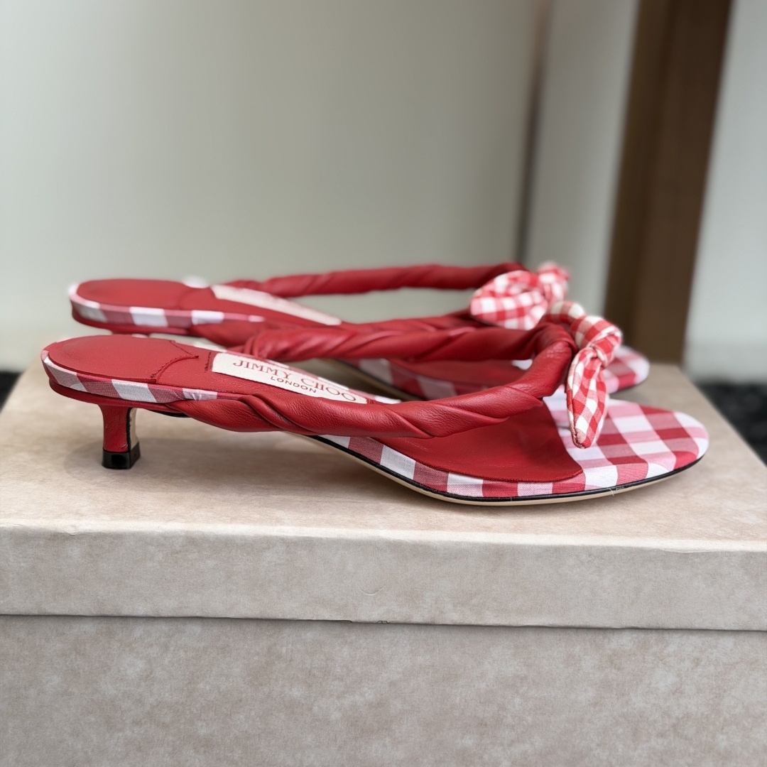 Jimmy Choo Bow Knot Kitten Heel Open-Toe Slide Slippers in Soft Lambskin with Italian Leather Sole