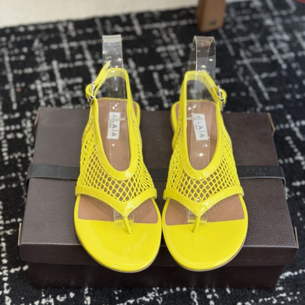 Alaia Toe-Post Fishnet Round Toe Buckle Strap Flat Sandals in Sheer Mesh with Lambskin Lining