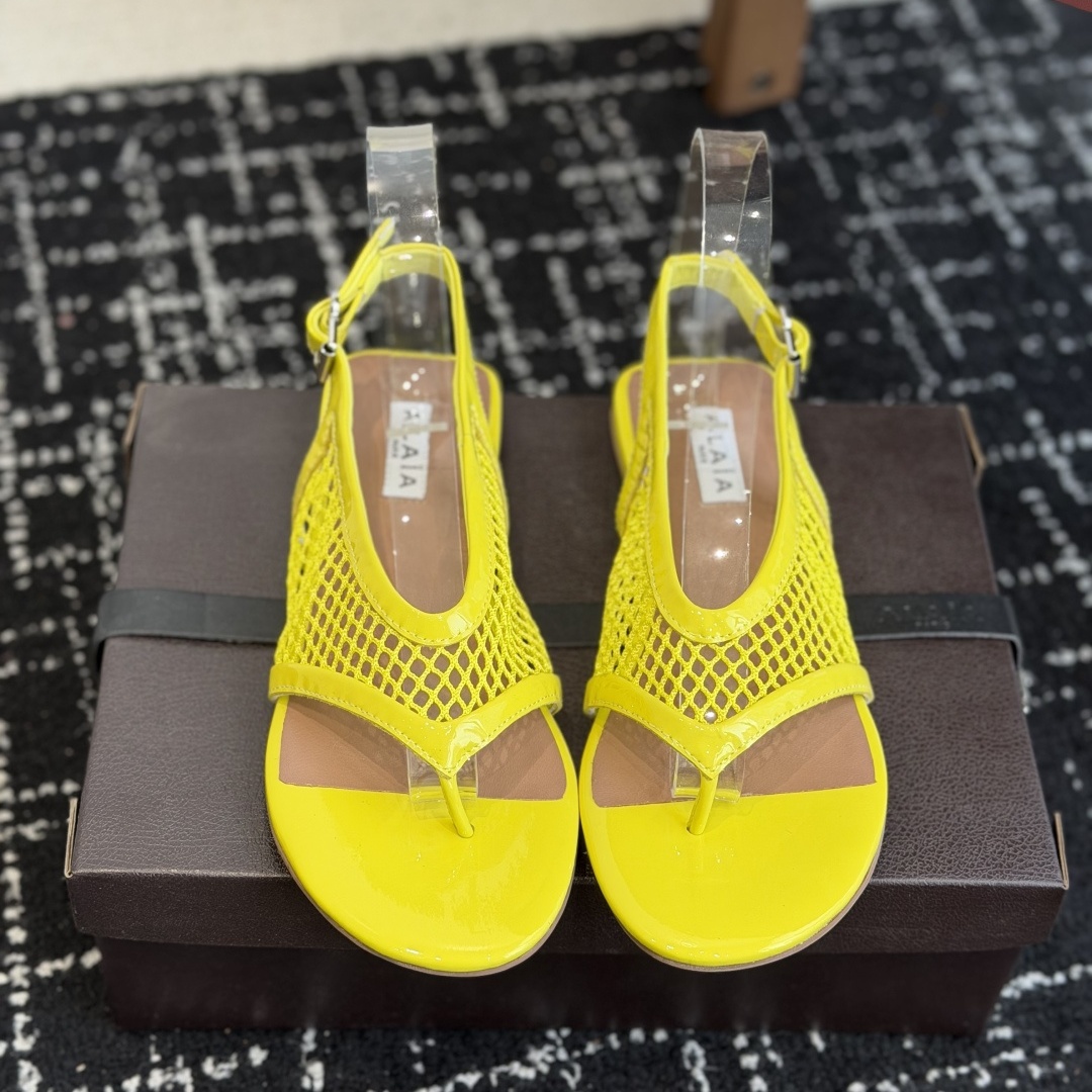 Alaia Toe-Post Fishnet Round Toe Buckle Strap Flat Sandals in Sheer Mesh with Lambskin Lining