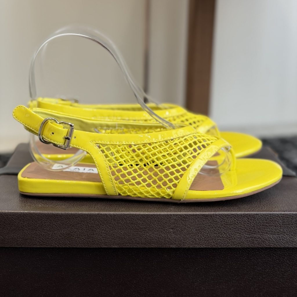 Alaia Toe-Post Fishnet Round Toe Buckle Strap Flat Sandals in Sheer Mesh with Lambskin Lining