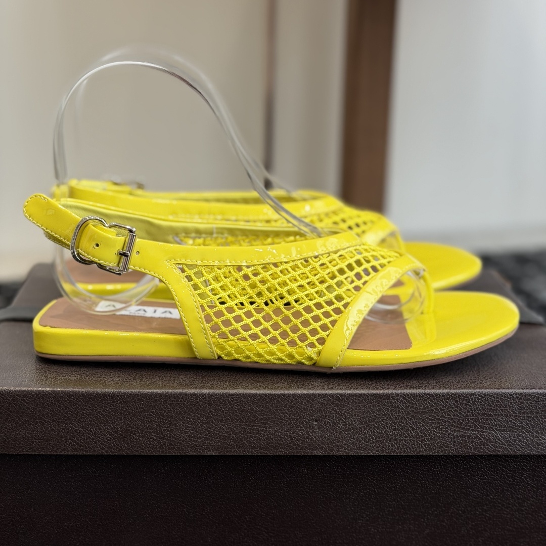 Alaia Toe-Post Fishnet Round Toe Buckle Strap Flat Sandals in Sheer Mesh with Lambskin Lining