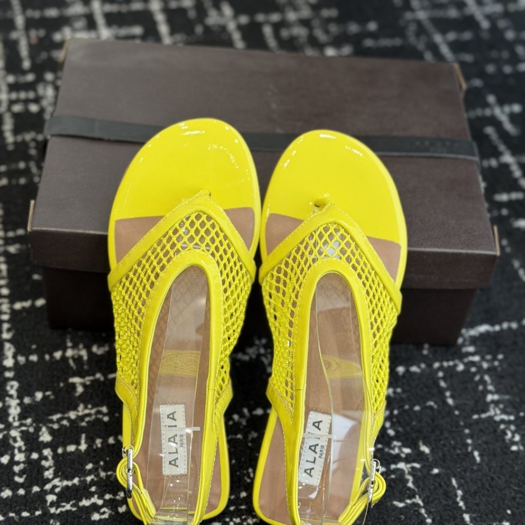 Alaia Toe-Post Fishnet Round Toe Buckle Strap Flat Sandals in Sheer Mesh with Lambskin Lining