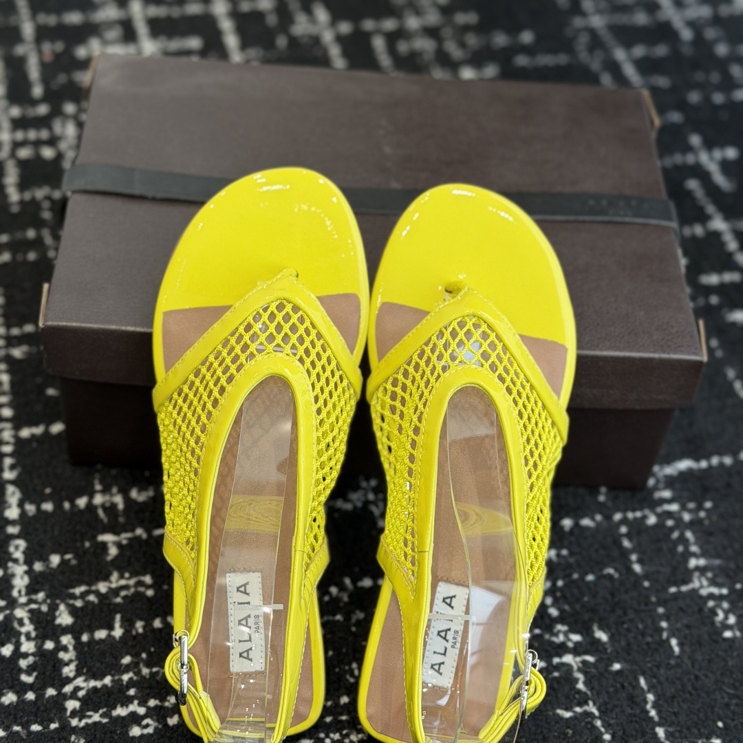 Alaia Toe-Post Fishnet Round Toe Buckle Strap Flat Sandals in Sheer Mesh with Lambskin Lining